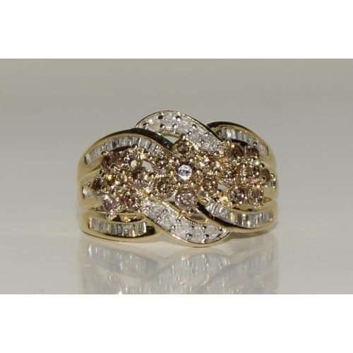 426 - 9ct gold ladies champagne diamond ring approx 1.5ct  size M