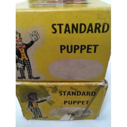 22 - Pair of Pelham Puppets: School Master and MacBoozle in yellow carded boxes.