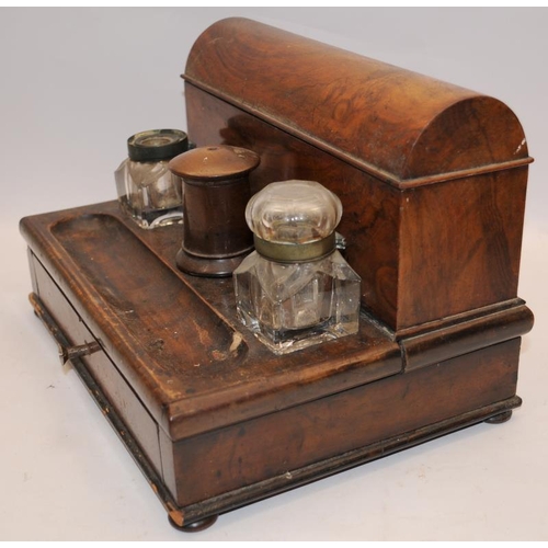 474 - Antique wooden desk compendium/tidy with storage drawer and lidded letter filing space. One ink well... 