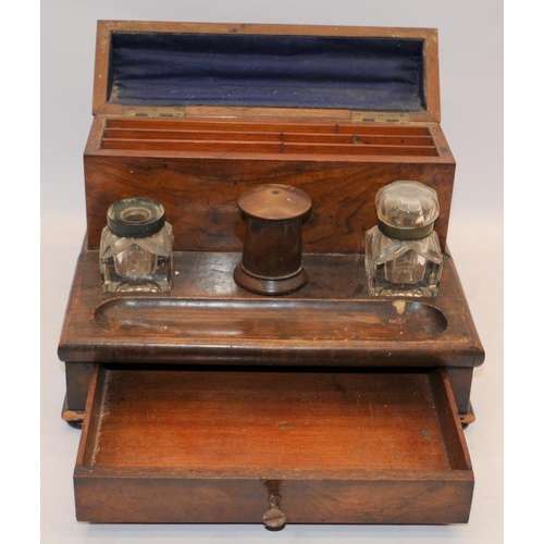 474 - Antique wooden desk compendium/tidy with storage drawer and lidded letter filing space. One ink well... 