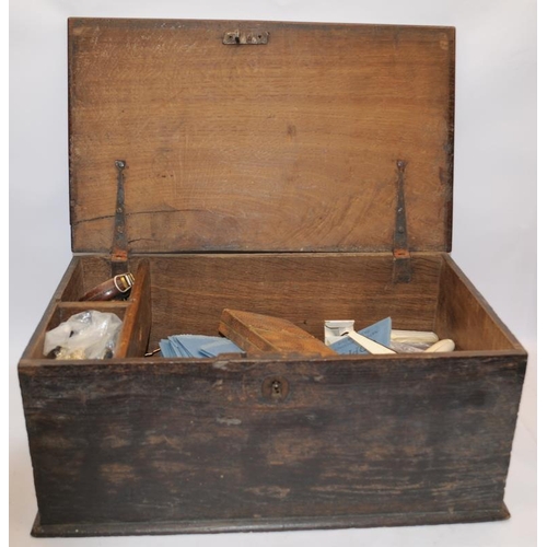 476 - Antique wooden lidded box containing a selection of collectibles to include watches, toys metalware ... 