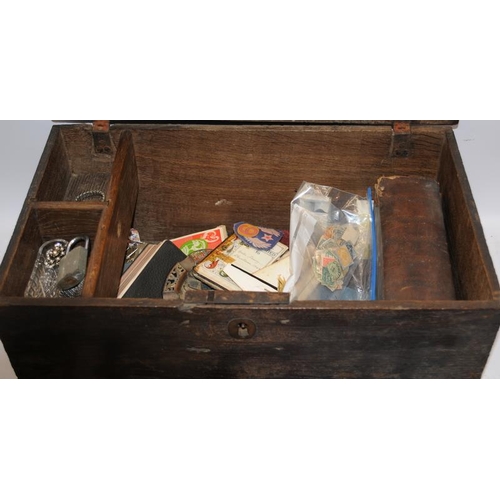 476 - Antique wooden lidded box containing a selection of collectibles to include watches, toys metalware ... 