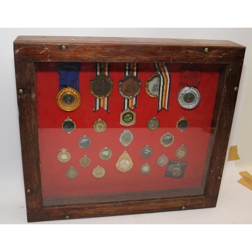 38 - Glazed display case containing a number of medals and fobs to include silver examples. 45cms x 40cms... 