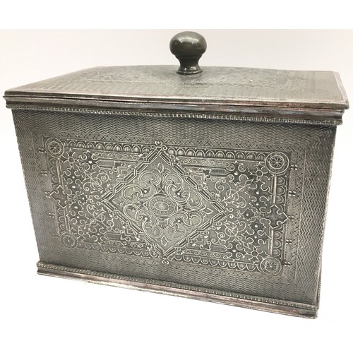 34 - Victorian silver plated two compartment tea caddy with Persian scroll decoration to exterior and to ... 