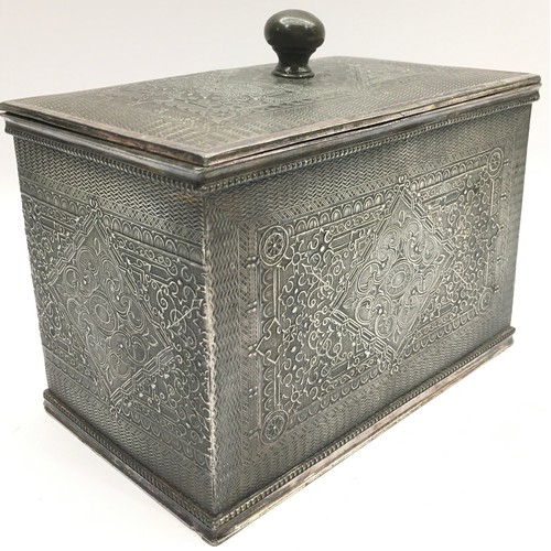 34 - Victorian silver plated two compartment tea caddy with Persian scroll decoration to exterior and to ... 