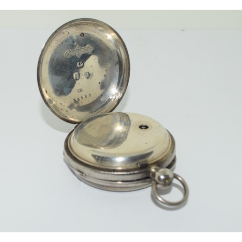 60 - A silver pocket watch with silver double Albert watch chain.