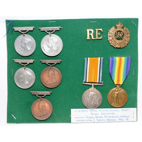 191 - Two sets of WW1 medals c/w added interest London School Board attendance medals. First belongs to WG... 