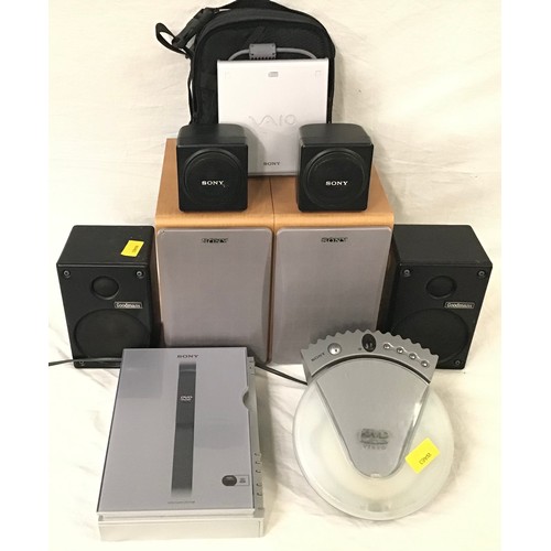 168 - BOX OF VARIOUS ITEMS OF EQUIPMENT. In this lot we have 6 x speakers - 2 Sony Dvd Players a Sony Inte... 