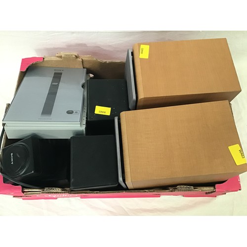 168 - BOX OF VARIOUS ITEMS OF EQUIPMENT. In this lot we have 6 x speakers - 2 Sony Dvd Players a Sony Inte... 
