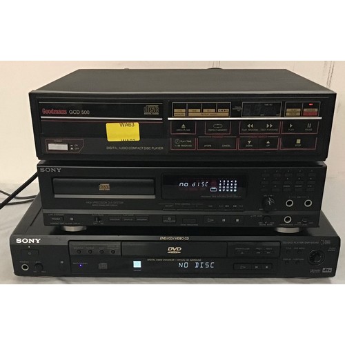 76 - SELECTION OF 3 CD/DVD PLAYERS. This lot includes makes Sony x 2 and Goodmans. All 3 power up.