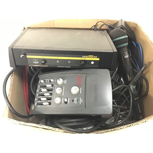 91 - BOX OF VARIOUS CABLES AND AUDIO UNITS. We have an AKG VHF radio microphone plus a Fishman platinum p... 