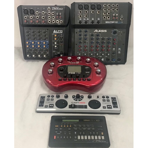 240 - VARIOUS SOUND EQUIPMENT ITEMS X 5. Here we have a 2 x sound mixers by ALESIS and Alto plus a Pod X3 ... 