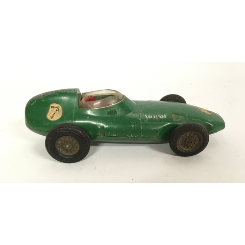 20 - Mettoy Vanwall Racing Car finished in green, criss-cross hubs, race No.7, missing figure driver.