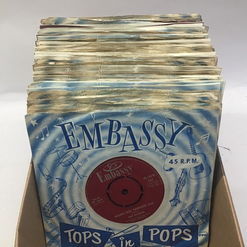 223 - 50 EMBASSY 7” VINYL SINGLE RECORDS. Here we find many artists singing cover songs which are mainly i... 