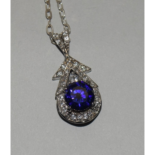 347 - Large Blue gemstone CZ 925 silver pendant/chain.