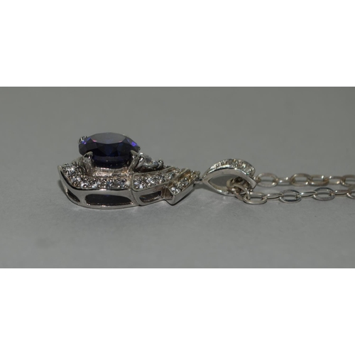 347 - Large Blue gemstone CZ 925 silver pendant/chain.