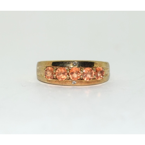 421 - 9ct gold ladies amber set 5 stone ring with diamond inserts  size N