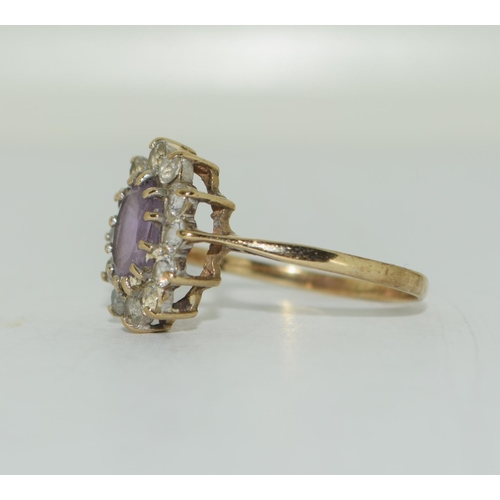 368 - 9ct gold ladies antique set Amethyst cluster ring size O