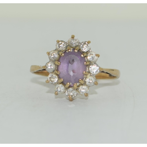 368 - 9ct gold ladies antique set Amethyst cluster ring size O