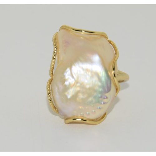 441 - Silver gilt natural colour baroque pearl ring. Size P 1/2.