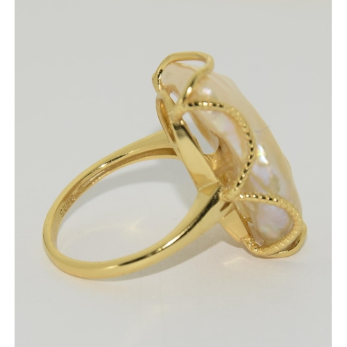 441 - Silver gilt natural colour baroque pearl ring. Size P 1/2.