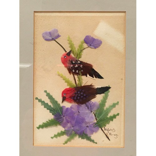 247 - Pair of bird feather pictures housed in single frame signed by the artist 36x28cm.