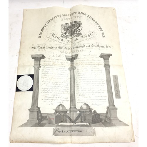 28 - Quantity of Masonic regailia and ephemera to include jewels, apron and sash and a Royal Proclimation... 