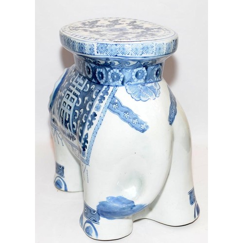 180 - Blue and white ceramic side table/stool in the form of an elephant. 37cms tall