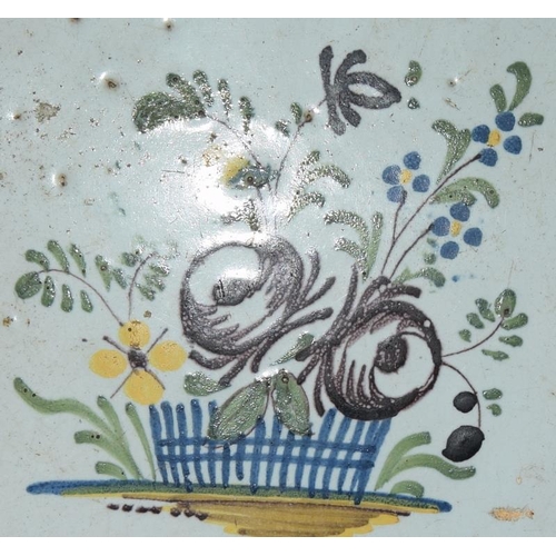 232 - French (Northern France) early polychrome tile depicting a basket of flowers c1800s, 4.6