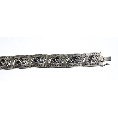 311 - Silver filigree design marcasite and jet bracelet