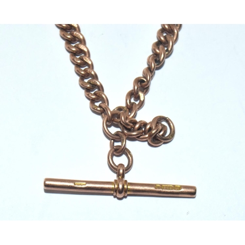 389 - 9ct rose gold graduated link watch chain and T bar each link fully hallmarked 40cm long 38.4g