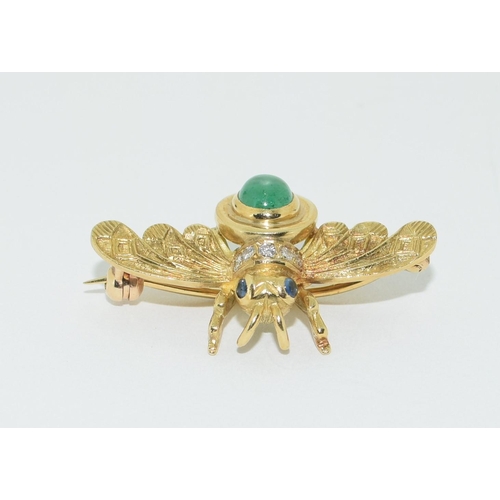 322 - 18ct gold tested Cabochon emerald and diamond bug brooch