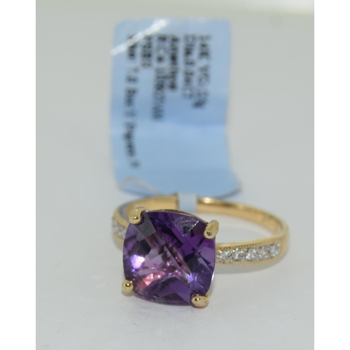 359 - 14ct gold ladies new with tags  Amethyst and diamond ring size N