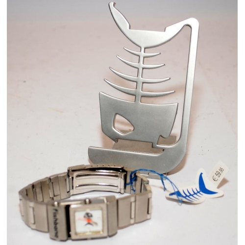 340 - Fishbone branded stainless steel 'reverso' watch/bracelet and stand