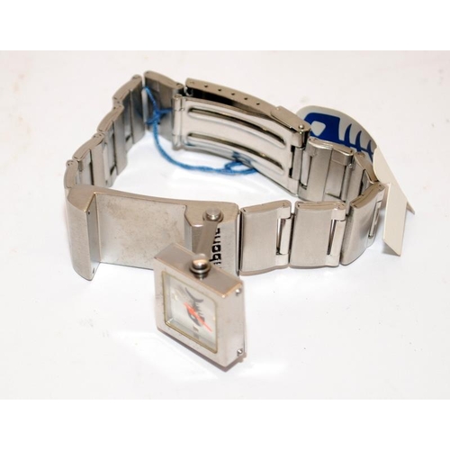 340 - Fishbone branded stainless steel 'reverso' watch/bracelet and stand