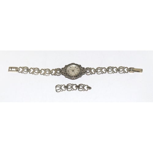 390 - Silver marcasite ladies watch - working.