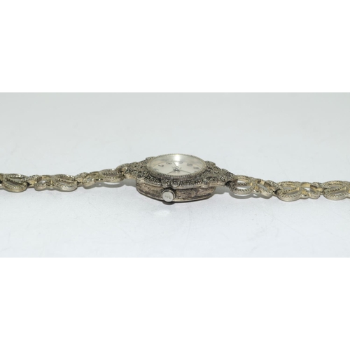 390 - Silver marcasite ladies watch - working.