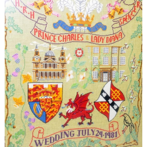 252 - Large framed tapestry sampler featuring the wedding of Prince Charles to Lady Diana Spencer. O/all f... 