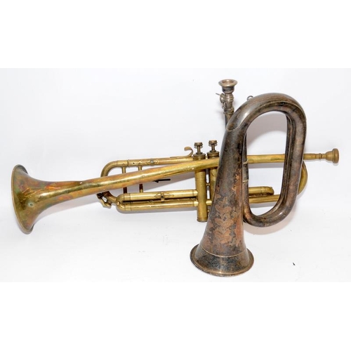 146 - Brass trumpet (a/f) together with a silver plated Premier bugle