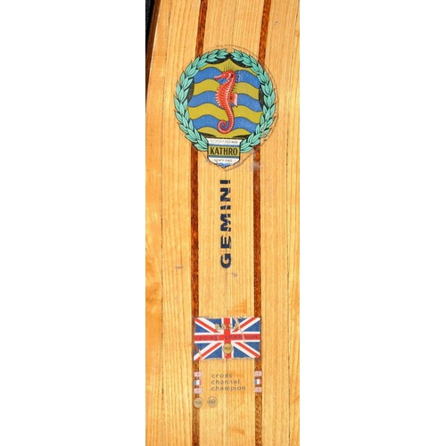 164 - A pair of vintage Gemini Cross Channel Champion 1968 wooden water skis. 174cms long