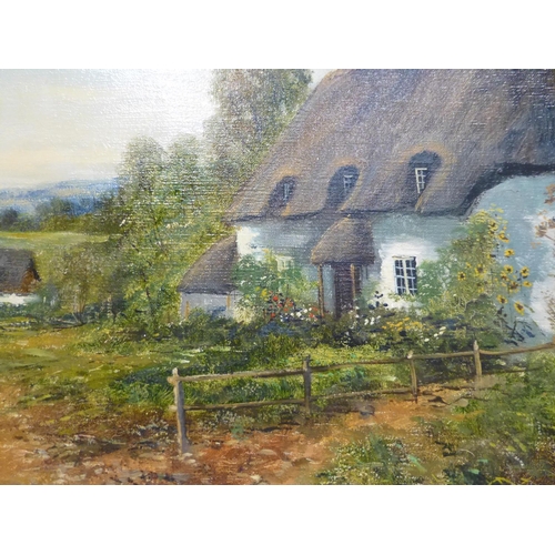 272 - Gilt frame oil on canvas by Peter Snell. Country cottage scene. 64cm x 53cm overall frame size