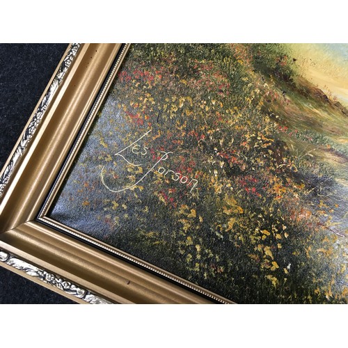 276 - Les Parsons: Large gilt framed oil on canvas painting of a river scene signed to bottom left 130x52c... 