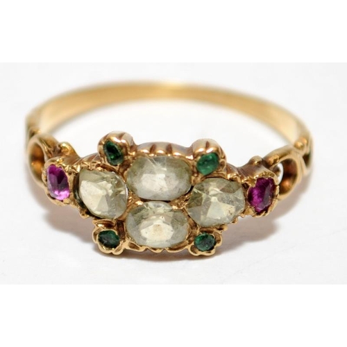 489 - Antique set ladies 9ct gold ruby /emerald and Crystal ring size L