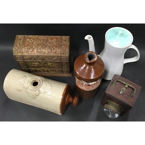 37 - Mixed Lot: Poole Pottery coffee pot, vintage hot water bottle, stoneware bottle, letter sorter and v... 