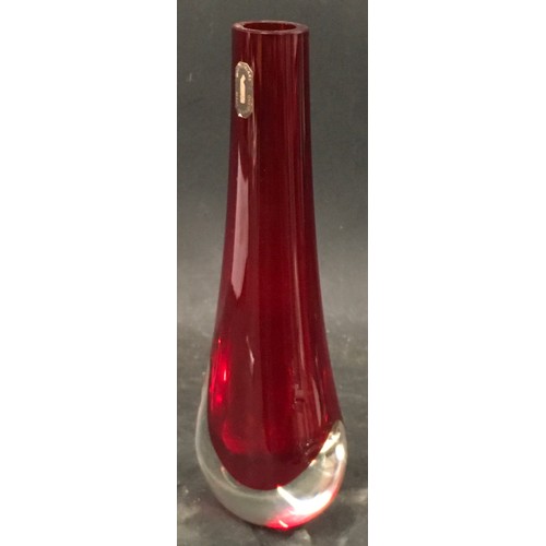 132 - Whitefriars Ruby Red bud vase with original sticker still attached together with another piece of ar... 