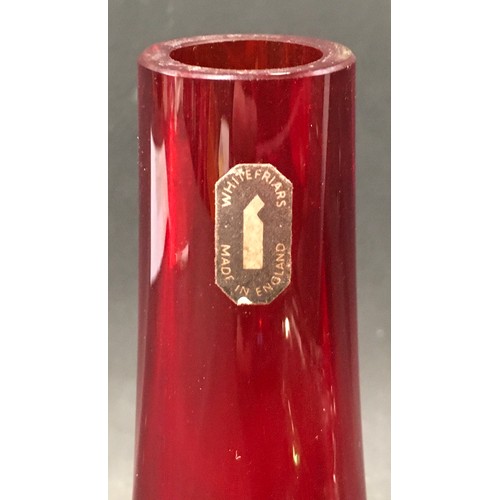 132 - Whitefriars Ruby Red bud vase with original sticker still attached together with another piece of ar... 