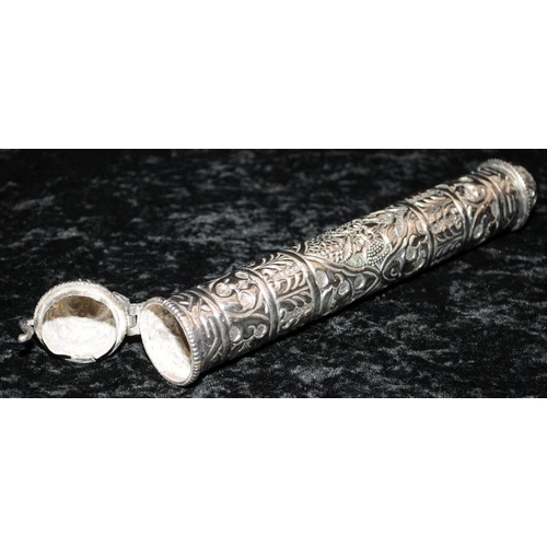 433 - Vintage white metal Indian scroll box with hinged lid. 26cms long