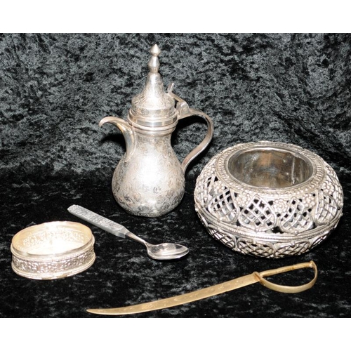 393 - A collection of vintage Middle eastern / Indian metalware to include scent bottles and heavy torque ... 