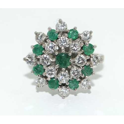 367 - White gold ladies large Diamond and Emerald cluster ring size L