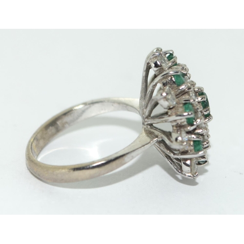 367 - White gold ladies large Diamond and Emerald cluster ring size L